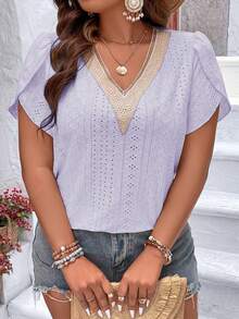 Vionelle 加大码撞色蕾丝花瓣袖T恤图案女式上衣 - 淡紫色 - 查看 3