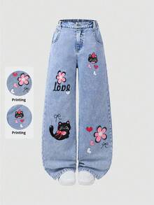 SHEIN ChillGRL 少女时尚新款做旧雪花刺绣阔腿牛仔裤 - 淺色水洗藍 - 查看 8