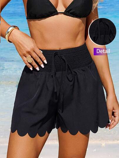 Swim SPRTY Dam Sommarstrand Enfärgade Byxor Med Elastisk Midja Och Knytband, Shorts Med Skaldetaljer Och Blommiga Lösa Casual, Semesteröverdrag