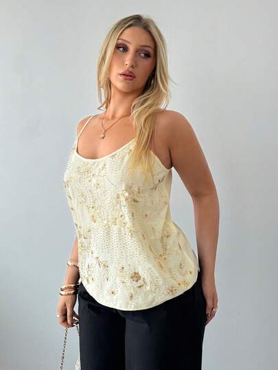 Auralis New Sequin Embroidered Loose Fit Tank Top, Suitable For Summer, Weddings, Parties, Elegant Commute Wear, Plus Size, Beige/Dance/Wedding Season/Valentine's Day/Party/Sexy/Commuting/Elegant Romance/Birthday Party Outfit/Music Festival Outfit Vest
