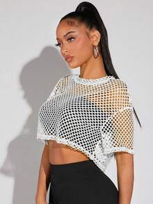 SHEIN SXY Áo croptop nữ màu trơn cổ tròn, vai rớt, khoét lỗ - trắng - Xem 3