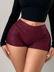 SHEIN SXY Women's High Waist Faux Crocodile Textured Skinny Short Leggings,Summer,Summer ,Spring,Casual,Burgundy - Burgundy - View 3