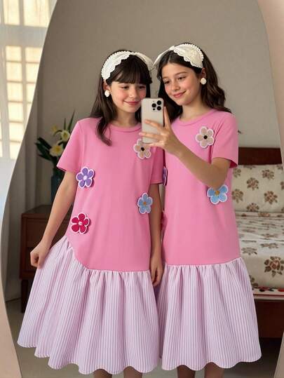 SHEIN ChillGRL Tween Girls' Casual French Style Vacation Travel Pink Round Neck Short Sleeve Patchwork Pink Striped Asymmetric Hem A-Line Dress, Beach, INS, Spring/Summer