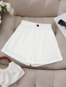 Flirla Women's Casual Solid Color Shorts, Summer ,Petite Women - White - View 4