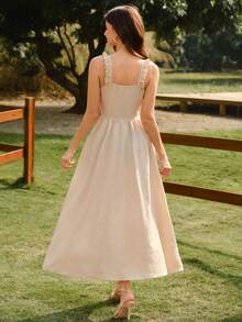 Vintamour Vintage Classic Elegant Floral Ruffle Hem Fit & Flare Dress, Apricot Color Umbrella Skirt Slip Dress For Spring/Summer - Apricot - View 2