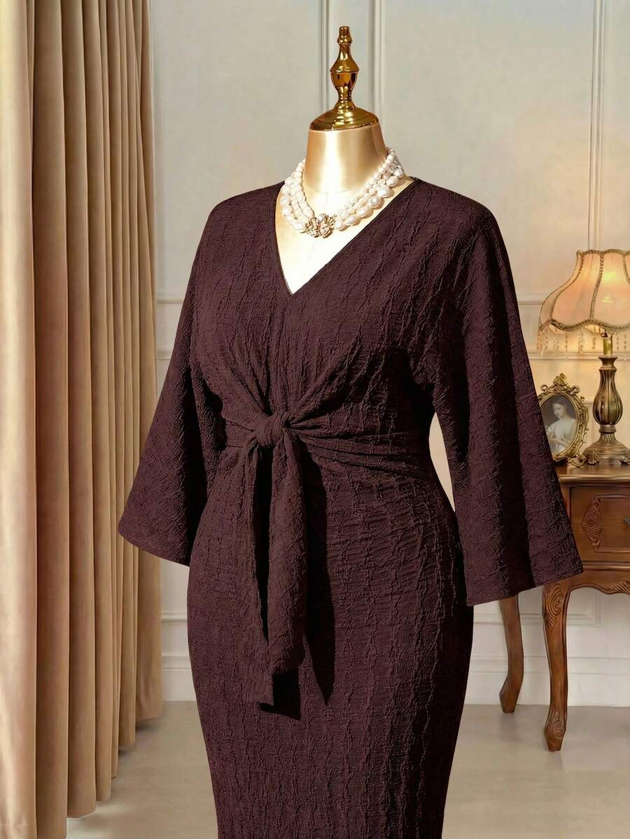 DreamSkyne Plus Size Women's Jacquard Long Split Hem 3/4 Sleeve Dress - Brown - View 1