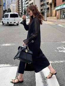 FRIFUL 女士轻薄透明直筒连衣裙，圆领长袖，袖口呈喇叭形，宽松休闲百搭，适合春夏穿着 - 黑色 - 查看 3