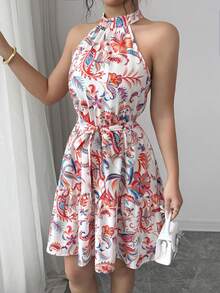 SHEIN Elenzya Đầm không tay thanh lịch, in họa tiết, thắt eo, thích hợp mặc hàng ngày, đi làm, ngày Valentine, hẹn hò, đám cưới, tiệc tùng, kỳ nghỉ biển, mua sắm, thoải mái và quyến rũ. - Nhiều màu - Xem 1