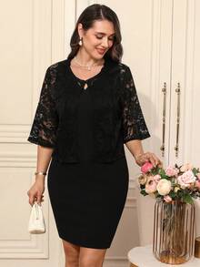 EMERY ROSE 2pcs Set Plus Size Women's Black Summer Elegant Floral Lace Jacket And Dress Set, Formal Evening Wedding Party Outfits, Casual Vacation 2 Pieces Set - Black - View 6