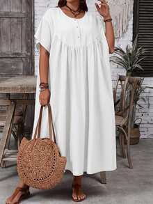 EMERY ROSE Plus Size Women's Solid Color Round Neck Short Sleeve Button Half Placket Casual Loose Dress - White - View 5