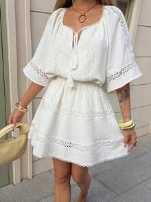 DAZY Chân váy chữ A phối ren, cạp chun, kiểu dáng nữ tính, thích hợp cho mùa xuân/hè. - trắng - Xem 4