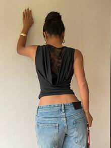 Siren Gaze Womens Black Sleeveless Draped Back Lace Crop Top, Casual Summer Two Piece Outfit, Black To, Black Sexy Tops, See Through Top, Y2k Tops - Black - View 1