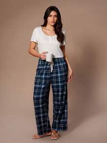 Lazeform Calça feminina casual, solta e reta, com amarração na cintura, canelada e com estampa xadrez. Confortável e versátil, ideal para primavera e verão. - Azul - Ver 4