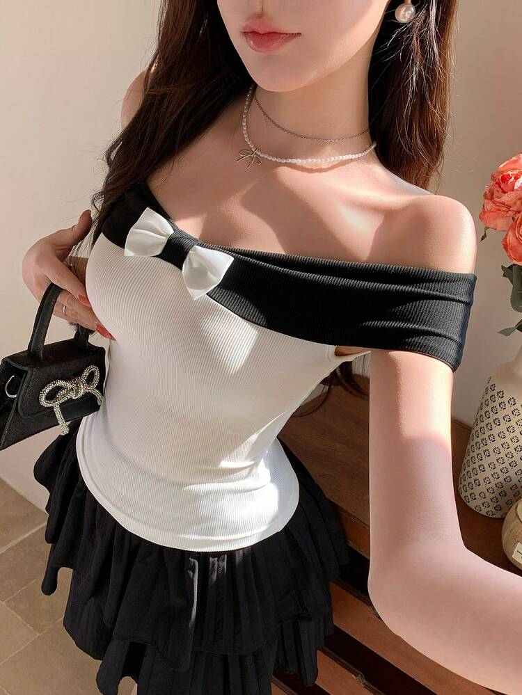Spring & Summer Fashion Black & White 2 In 1 Contrast Color Block Off Shoulder Crop Top, Bow Decor, Casual, Beach, Vacation, Suitable For Valentine's Day, Wedding