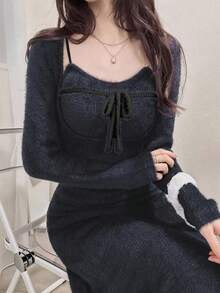 FRIFUL Women's Front Tie Camisole Knit Top And Long Sleeve Knit Bodycon Dress 2 Pieces Set - Grey - View 6