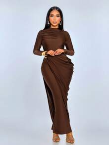 SOLERSUN Sexy Elegant Kink Decorative Buckle Side Stacked Pleated Fake Two-Piece Party Dress - Coffee - View 7
