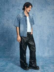 ROMWE MEN Grunge Punk 男士时尚珍珠装饰牛仔短袖上衣 - 棕色 - 查看 6