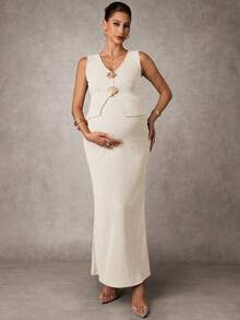 MaterniChic 孕妇金属贝壳装饰背心和可调节腰围修身裙两件套 - 杏色 - 查看 3