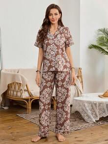 SHEIN Vacation Style Brown Totem Print Bubble Collar Short Sleeve Pants Women Pajama Set - Multicolor - View 7