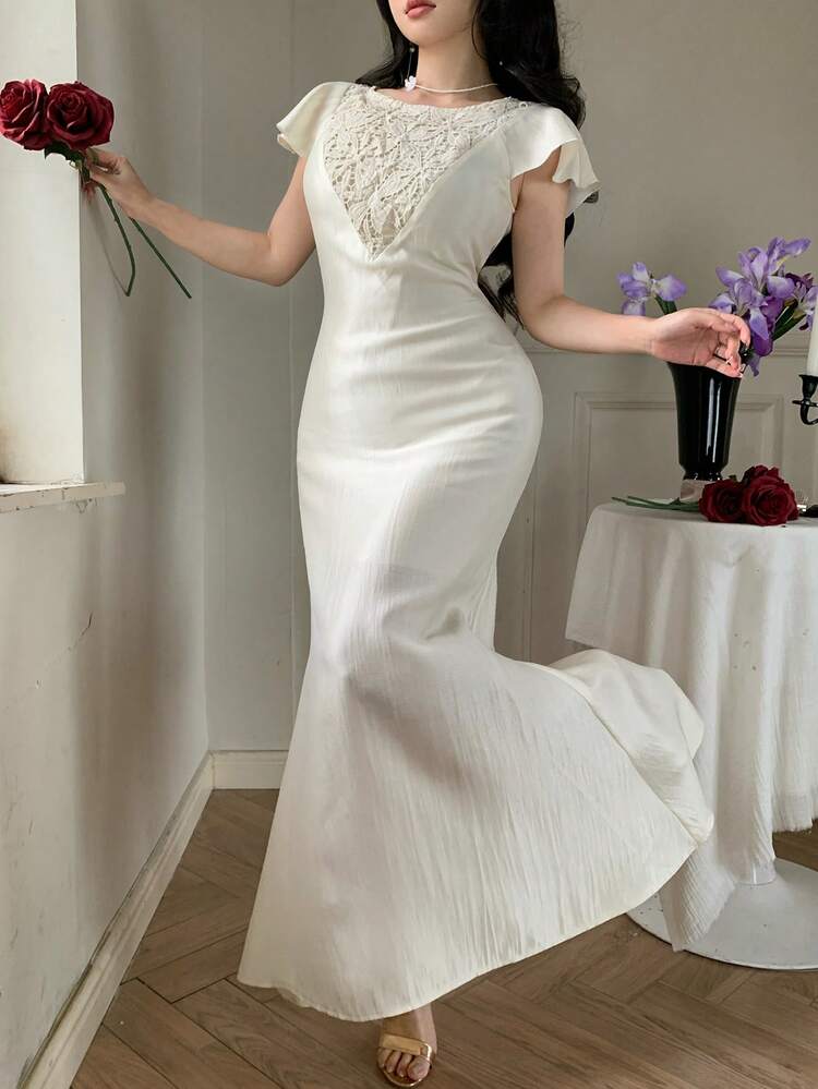 French Lace Cinched Waist Long Dress For Women Dress Sundress