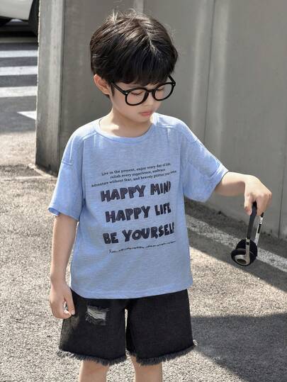 SHEIN Little Byeori Young Boys Casual Letter Print Short Sleeve T-Shirt