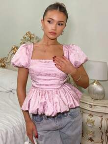 Glamine Spring & Summer Square Neck Bud Sleeves Classic Satin Polka Dot Gathered Sleeves Slim Fit Bud Hem Women's Short-Sleeved Blouses - Pink - View 5