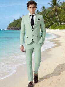 SHEIN Back To School Tween Boys 2-Piece Old Money Summer Suit Slim Fit Lightweight Breathable Blazer & Pants For Prom Graduation Wedding - Mint Green - View 1