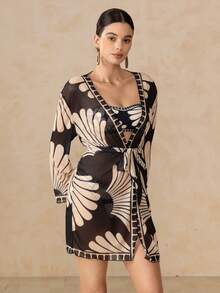 Swim Oasis Women's Summer Beach Print Bandeau Sexy Bikini Set With Kimono Cover-Up - Multicolor - View 6