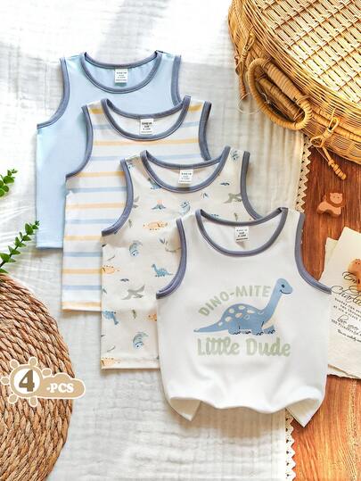 SHEIN Vintaside Kids 4pcs Unisex Baby Casual Comfortable White Tank Tops, Classic Versatile, Suitable For Daily Wear, Vacation, School, Gatherings, Spring/Summer