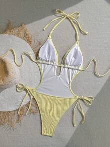 Soleia 女士橄榄绿针织提花纹理V领露背挂脖连体泳衣，海滩度假 - 黃色 - 查看 2