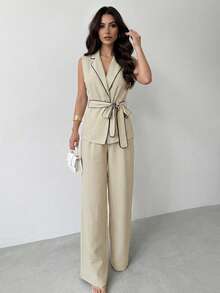 Firerie 女士优雅亚麻混纺撞色上衣和裤子套装，适合度假 - 彩色 - 查看 7