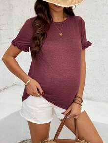 SHEIN 孕妇及哺乳期休闲荷叶边短袖T恤，夏季 - 紅色 - 查看 3