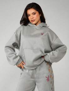 Missguided x Playboy 兔子标志水钻装饰超大号套头连帽衫，带中央口袋和抽绳帽，休闲街头风。 - 灰色 - 查看 2