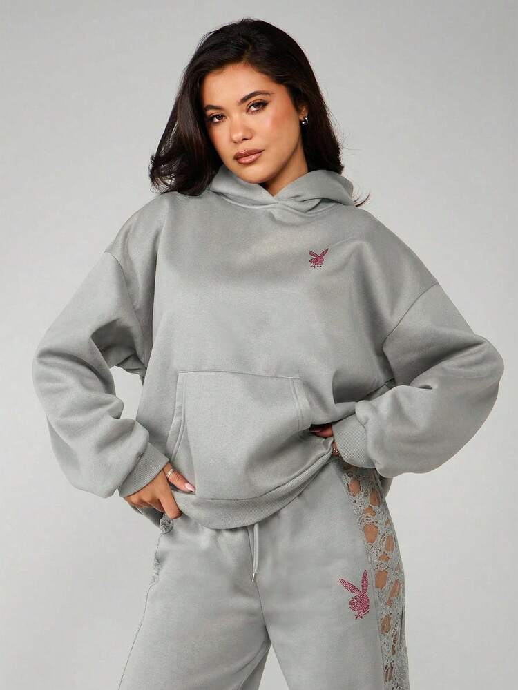 Missguided x Playboy Bunny Logo Rhinestone Embellished Oversized Pullover Hoodie With Centre Pocket And Drawstring Hood For Casual Streetwear