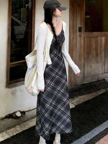 FRIFUL Women's Plaid Slip Dress With Cover Up Sweater, Sweet Vacation 2 Pieces Set - Black - View 5