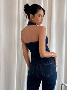 Siren Gaze 女士休闲修身露背牛仔上衣，适合日常通勤 - 深色水洗藍 - 查看 2