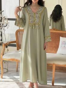 Al Najma New Elegant Beaded Embroidery Tassel Design Versatile Casual Party Holiday Dress - Green - View 1