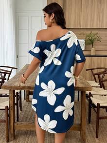 Weeklong Vestido mini de punto de unicolor con cuello redondo, hombros asimétricos y línea A holgada para mujer talla grande, para primavera/verano - Multicolor - Ver 5