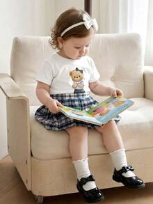 Souflis Souflis 2pcs/Set French Style Casual School Girl White Round Neck Cute Bear Graphic T-Shirt & Khaki Plaid Skirt Outfit, Suitable For School, Leisure, Home And Other Occasions, Girls - Multicolor - View 4
