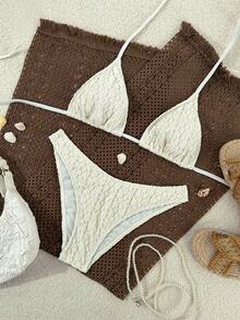 Swim Mod 2026 Spring/Summer White Spaghetti Strap Textured Bubble Fabric Side High-Cut Thong Bikini Set, Sweet Vacation Style Suitable For Beach Photos - Apricot - View 1