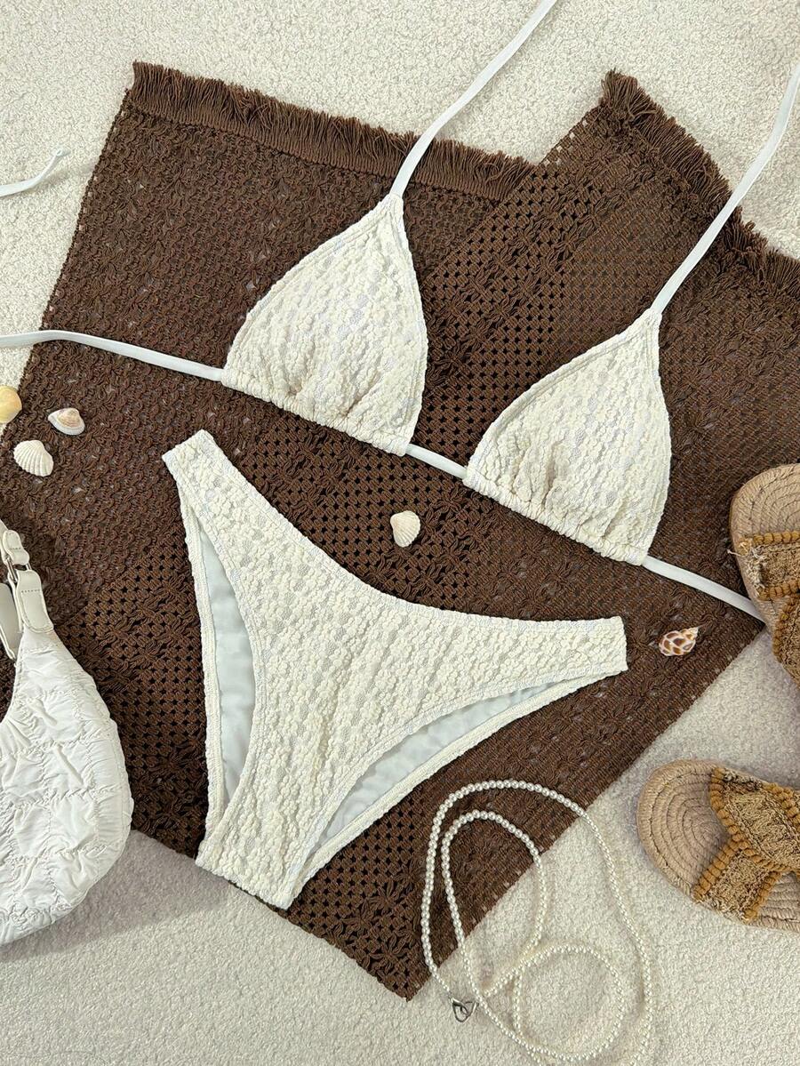 Swim Mod 2026 Spring/Summer White Spaghetti Strap Textured Bubble Fabric Side High-Cut Thong Bikini Set, Sweet Vacation Style Suitable For Beach Photos - Apricot - View 1