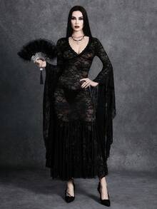 Glisette Women's Y2K Gothic Lace V-Neck Flare Sleeve Elegant Dress Party Night Out Black Floral Autumn - Black - View 4