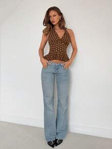 Almamuse 女士V领露背荷叶边波点无袖上衣，适合春季音乐节穿着 - 棕色 - 查看 3