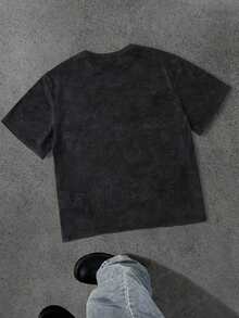 SHEIN 青少年男童休闲字母+自由女神像图案运动街头风Y2K短袖圆领T恤，适合春夏穿着，日常穿着，运动，外出，上学，聚会，节日，拍照 - 黑色 - 查看 3