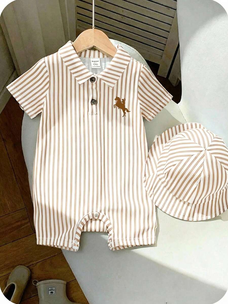 SHEIN 2件套新生儿男女宝宝舒适休闲学院风马纹印花蓝色条纹短袖连体衣和遮阳帽套装，适合室内、室外、日常、运动、玩耍、派对、拍照、度假、春夏穿着。 - 卡其色 - 查看 1