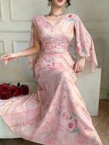 DAZY Vestido con estampado floral de primavera y verano, vestido midi elegante y entallado para el Día de San Valentín, boda, fiesta, ocasión formal, uso casual, vestido de verano de manga larga con estampado floral oscuro - Celeste - Ver 4
