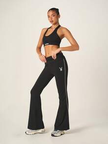 Missguided x Playboy High Waisted Flared Athletic Leggings With Bunny Logo And Metallic Side Stripe Detail - Black - View 5