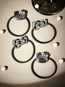 HELLO KITTY AND FRIENDS | SHEIN 4条装锌合金可爱卡通弹力发圈，镶钻蝴蝶结发带，黑色，适合扎高马尾，上学出行必备 - 彩色 - 查看 7