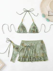 Swim SXY 3pcs Set: Tie-Dye Print Beaded Halter Top, Tie-Front Swim Bottoms, And Mini Skirt Bikini Set - Multicolor - View 5