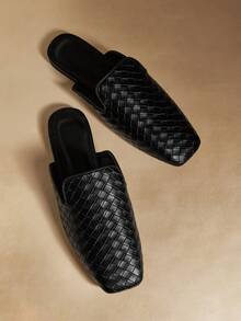 Rosivie Women's Fashion Versatile Woven Slip-On Square Toe Flat Shoes - Black - View 1